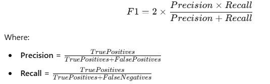 Formula for F1 Score showing the harmonic mean of Precision and Recall in performance evaluation.