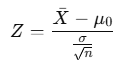 Formula for Z-test showing the test statistic as the difference between the sample mean and population mean, divided by the standard error.