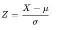 Mathematical formula for calculating the Z-score, defined as the difference between a data point (X) and the mean (μ), divided by the standard deviation (σ).