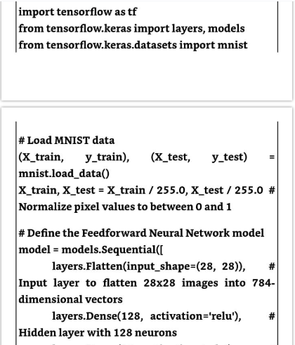 Python code for building and training a feedforward neural network using the MNIST dataset for handwritten digit classification.