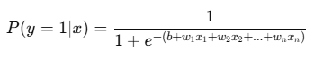 Logistic regression prediction formula, showing P(y=1|x) equals 1 divided by 1 plus e raised to the power of negative (b + w1x1 + w2x2 + ... + wnxn).