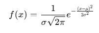 Mathematical formula for the Probability Density Function (PDF) of a normal distribution, involving parameters mean (μ), standard deviation (σ), and Euler's constant (e).