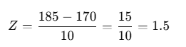 Calculation example for Z-score showing a height of 185 cm compared to a group average of 170 cm with a standard deviation of 10 cm, resulting in a Z-score of 1.5.