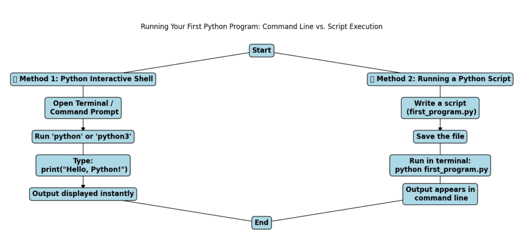 A structured flowchart illustrating two methods for running a Python program: using the interactive shell and executing a script. Each step is represented with labeled text boxes and arrows showing the process flow.
