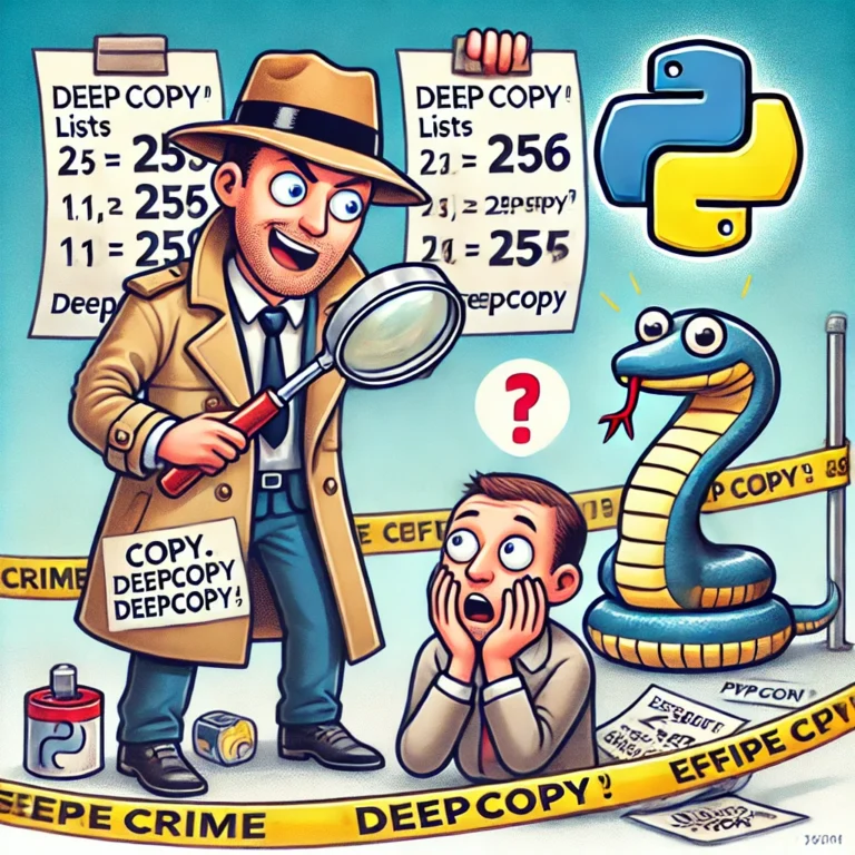 A cartoon-style illustration of a detective in a trench coat investigating a "memory crime" in Python. He examines two identical "256" numbers with a magnifying glass, looking suspicious. Nearby, a crime scene is taped off with police tape, featuring a list labeled "[1, 2, 3, 4]" as evidence. A shocked programmer realizes that two lists are the same. In the background, a rocket labeled "copy.deepcopy()" helps a variable escape from the "prison" of shared memory. A smirking Python snake holds a sign saying, "Efficient, not lazy!"