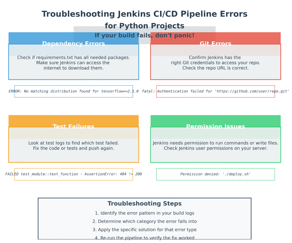 Diagram titled "Troubleshooting Jenkins CI/CD Pipeline Errors for Python Projects" showing four common error categories—Dependency Errors, Git Errors, Test Failures, and Permission Issues—with color-coded sections, error descriptions, and example messages. Includes troubleshooting steps at the bottom.