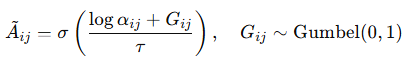 Equation showing continuous relaxation for causal discovery, where adjacency entries are parameterized using a sigmoid function with Gumbel noise for differentiable DAG learning.