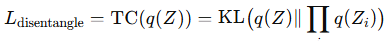 Equation defining disentanglement loss as total correlation, expressed as the KL divergence between the joint distribution of latent variables and the product of their marginals.