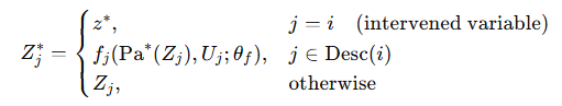 Equations defining counterfactual inference via neural do-calculus, showing how an intervention sets a variable to a fixed value and propagates changes through structural equations parameterized by neural networks.