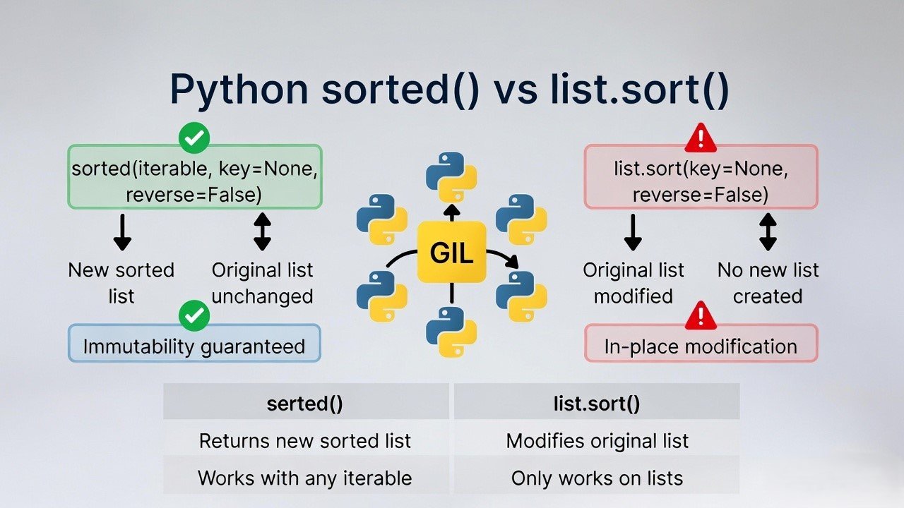 Python sorted() vs list.sort() comparison infographic: sorted() creates a new list and guarantees immutability, while list.sort() modifies in place with risks in shared state and GIL impact in multi-threaded code.