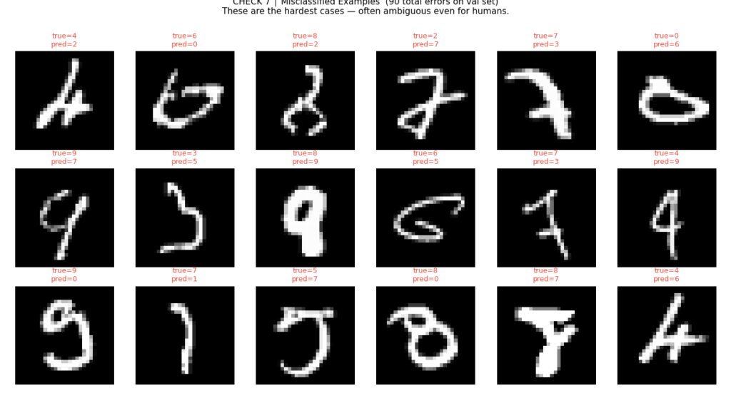 Grid of handwritten digits that were incorrectly classified, showing true and predicted labels.