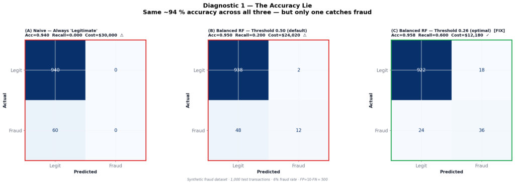 Three confusion matrices comparing a naive classifier, a Random Forest at 0.50 threshold, and a Random Forest at 0.26 threshold on a fraud detection dataset, showing that accuracy is identical across all three while fraud caught and total cost differ dramatically