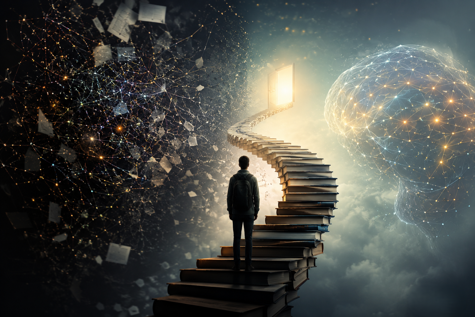 A surreal digital illustration showing a lone figure standing before a spiraling staircase made of stacked books leading toward a glowing doorway, with fragmented chaotic data patterns on one side and a structured neural-like network on the other, symbolizing continual learning and knowledge evolution.