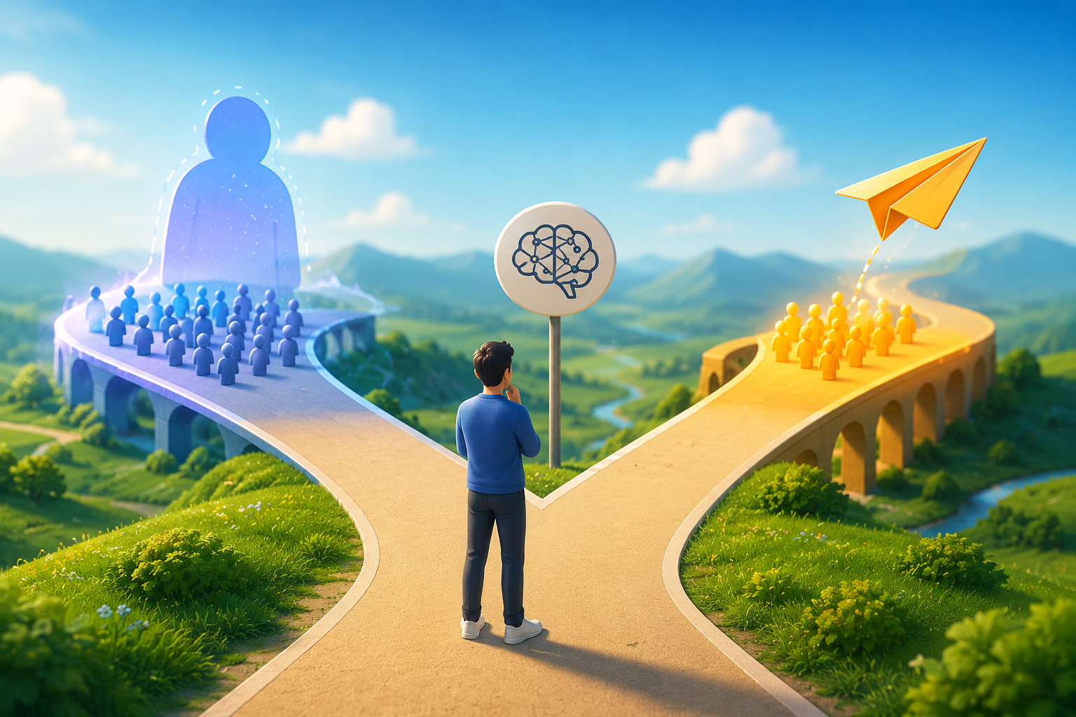 Shadow deployment vs canary testing concept illustration with split path, blue shadow users and yellow active users, machine learning model testing visualization