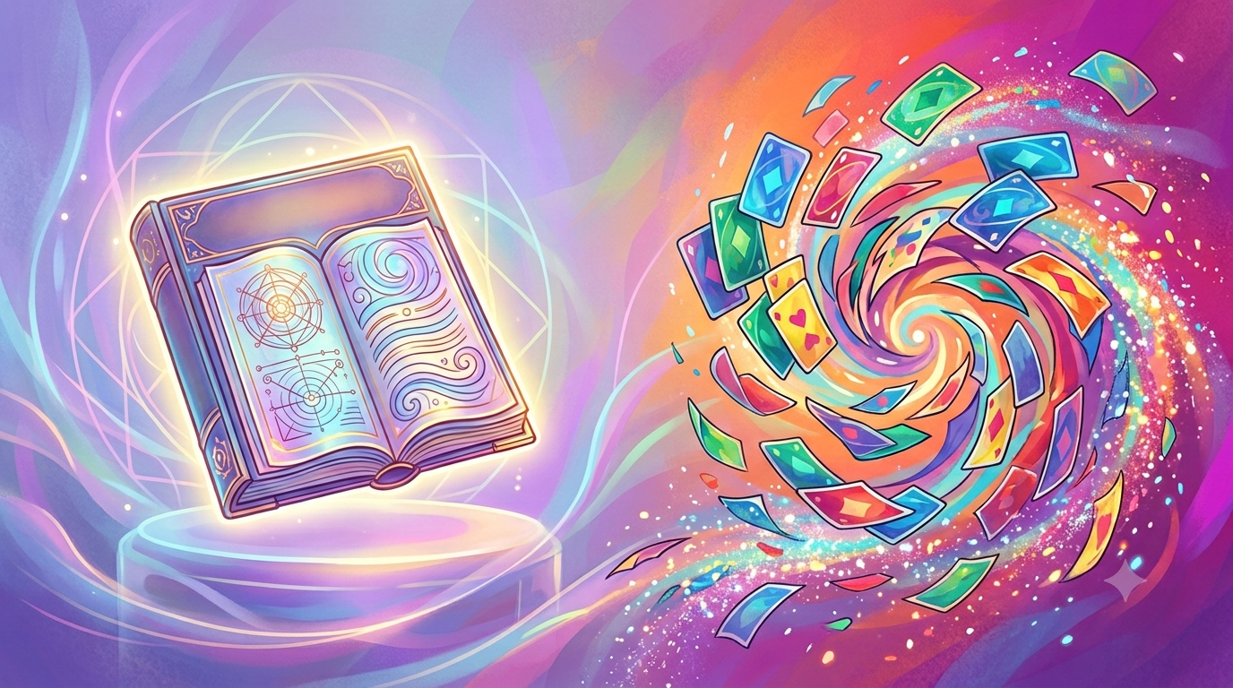A vibrant, abstract illustration contrasting a glowing, neatly open book on the left with a chaotic, swirling vortex of colorful playing cards on the right, representing the concepts of algorithm efficiency and data structure.
