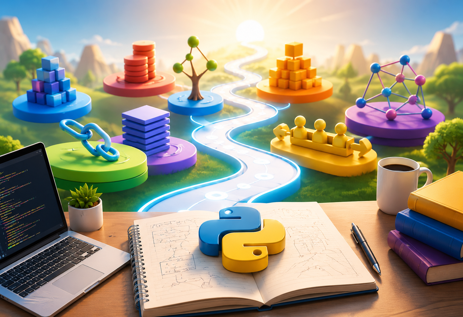 Bright 3D illustration of Python data structures and algorithms roadmap with arrays, stacks, linked lists, trees, heaps, graphs, coding laptop, and Python logo