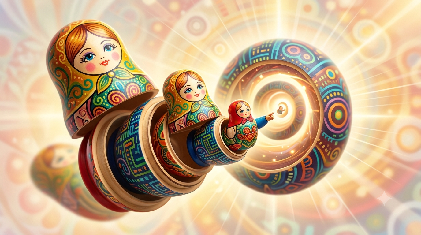 Vibrant Russian nesting dolls opening sequentially toward a glowing central light beam, depicting the concept of self-similarity and infinite repetition in 16:9 landscape format.