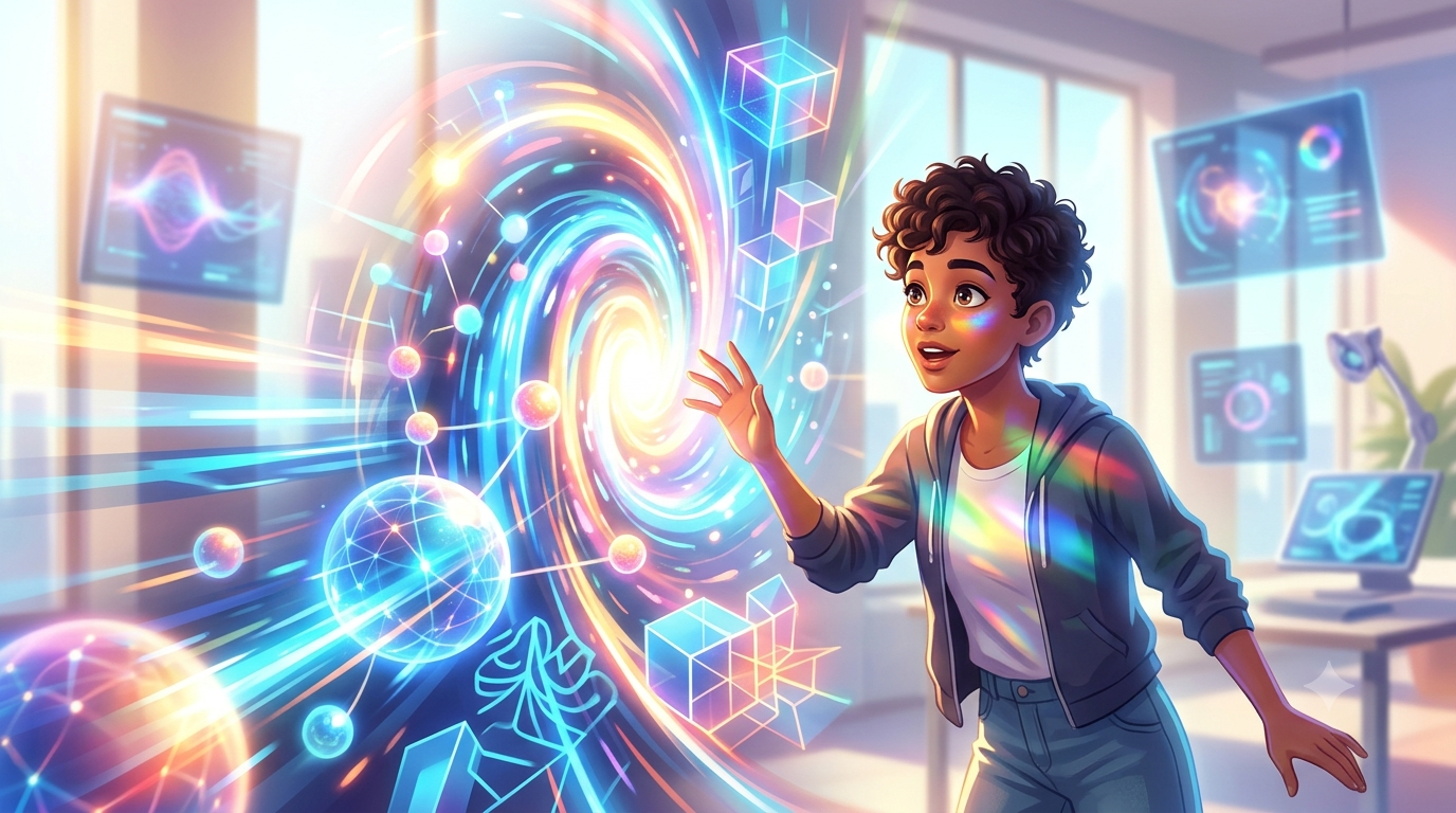 A curious person reaching toward a glowing, colorful vortex of geometric shapes and connected data nodes in a bright modern workspace.