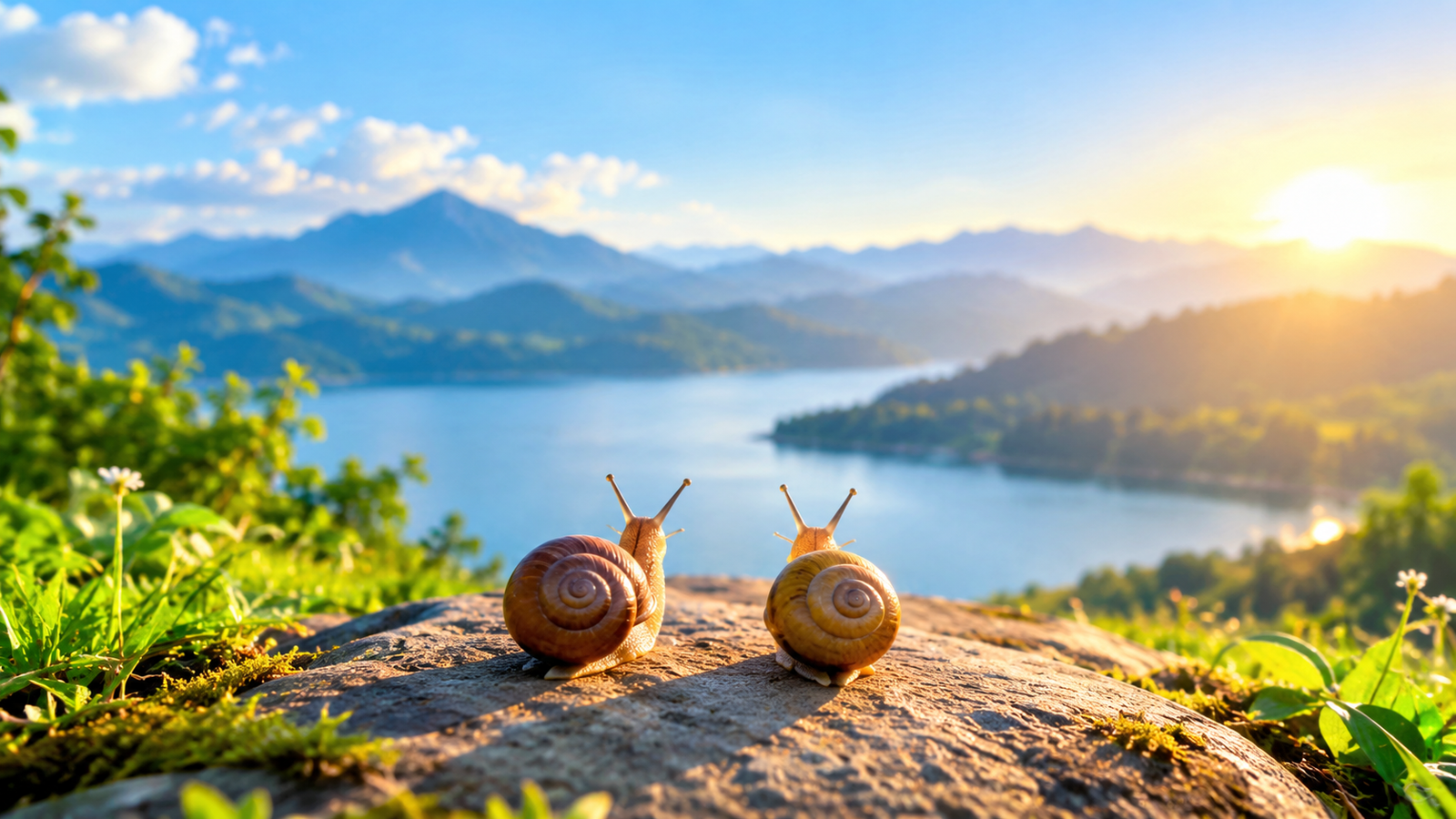 Two snails on a sunlit rock overlooking a bright blue lake and green mountains in a beautiful natural landscape.